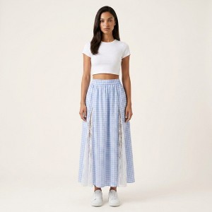 Anna-Kaci Women's Gingham Maxi Skirt Lace Panel High Waist A Line