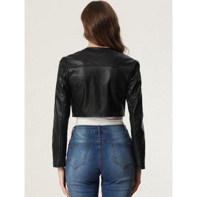 Женские куртки INSPIRE CHIC Women's PU Bolero Open Front Leather Cropped Long Sleeve Jacket Medium Black — фото 4
