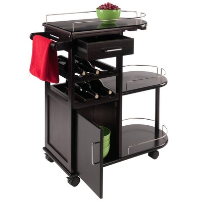 Espresso Wood Entertainment Cart with Wine Rack and Storage
