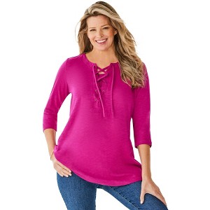 Woman Within Women's Plus Size Lace-Up Three-Quarter Sleeve Tee - 1 of 4