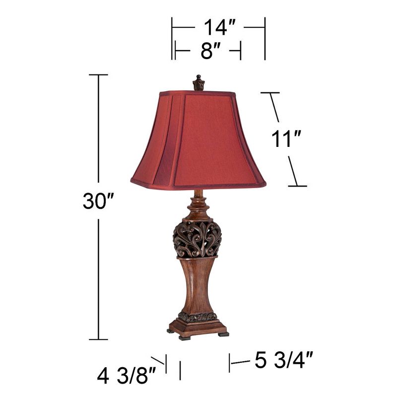 Regency Hill Exeter 30" Tall Large Traditional End Table Lamps Set of 2 Brown Wood Finish Crimson Red Shade Living Room Bedroom Bedside Nightstand, 4 of 5