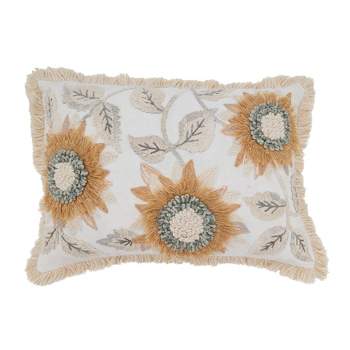 Saro Lifestyle Sunny Bloom Embroidered Sunflower Poly Filled Throw Pillow, Off-White, 14"x20"