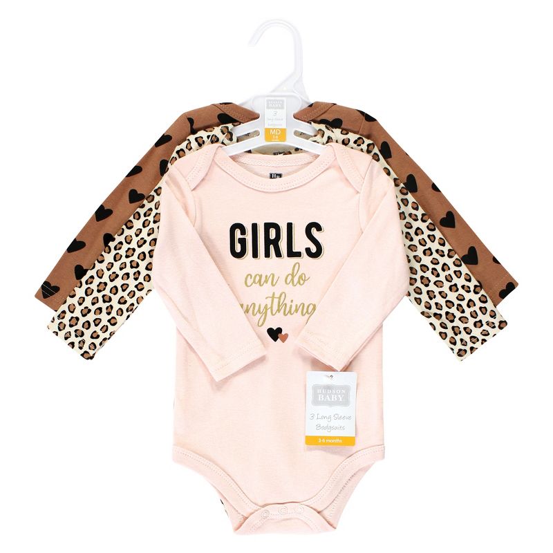 Hudson Baby Infant Girl Cotton Long-Sleeve Bodysuits, Cinnamon Hearts 3 Pack, 2 of 6