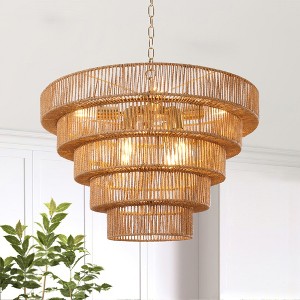 LamQee Farmhouse Rattan Chandeliers Boho Ceiling Hanging Lighting with Hand Woven Hemp Rope Shade Pendant Lights - 1 of 4