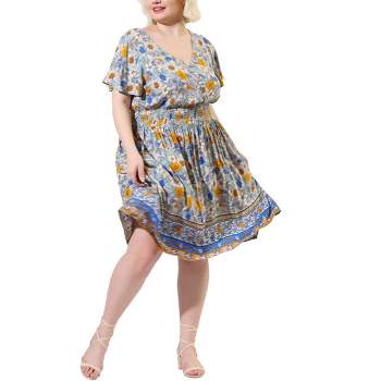 Agnes Orinda Women's Plus Size Regular Fit Deep V Neck Above Knee Cap  Sleeve Floral Dress Cyan 5x : Target