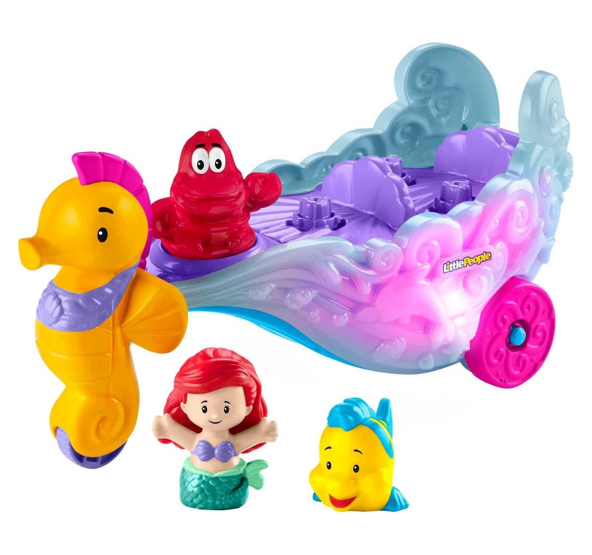 Fisher-Price Disney Princess Toddler Toy Light-Up Sea Carriage Musical Vehicle with Ariel & Flounder Figures for Ages 18+ Months