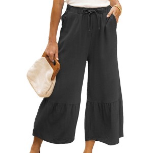 Amaryllis Women's Flowy Tiered Pants High-Waisted Drawstring Wide-Leg Relaxed Fit Casual Boho Style - 1 of 4