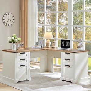L Shaped Desk with Drawers, 60in Wide Farmhouse Executive Office Desk with Charging Station, Home Corner Desk with File Drawer - 1 of 4