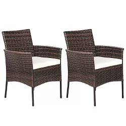 Tangkula Outdoor 2 PCS Rattan Dining Chair Patio Cushioned Arm Chair w/Zipper Brown
