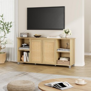 70" Boho TV Stand for Living Room - Entertainment Center with 2 Rattan Doors & 4 Open Shelves - 1 of 4