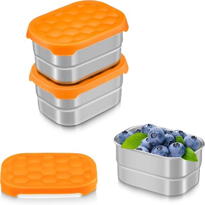 BRINJOY 3 Pack Silicone Snack Lunch Boxes with Lids Frozen Snack Lunch Stainless Steel Reusable Orange