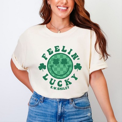 Simply Sage Market S.W.Smiley Feelin Lucky Checkered Smiley Face  Garment Dyed Tee