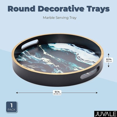 12" Black Marble Round MDF Serving Tray with Gold Trim