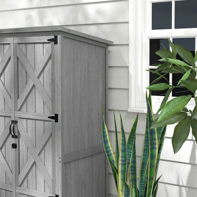 Gray Wooden Vertical Tool Shed with Shelving and Lockable Doors