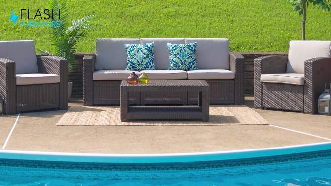 Flash Furniture 4 Piece Outdoor Faux Rattan Chair, Sofa and Table Set in Chocolate Brown, 2 of 12, play video