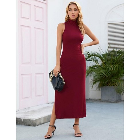 MISSKY Women High Neck Split Bodycon Sleeveless Wedding Guest Dress 2023 Formal Cocktail Long Dresses Evening Elegant Party