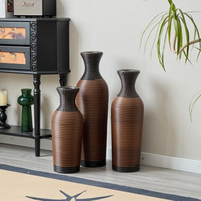 Aukfa Set of 3 Brown Decorative Floor Vases with Metal Stands – Tall PVC Vases with Artificial Vine Texture