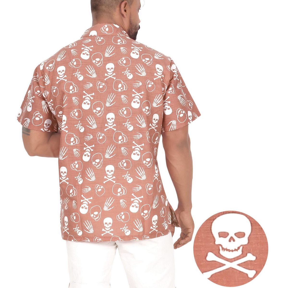 HAPPY BAY Mens Hawaiian Short Sleeve Button Down Shirt Men's Halloween Costumes Shirt Linen Effect Beach Shirts for Men XXL Red, Skull - thumbnail 3