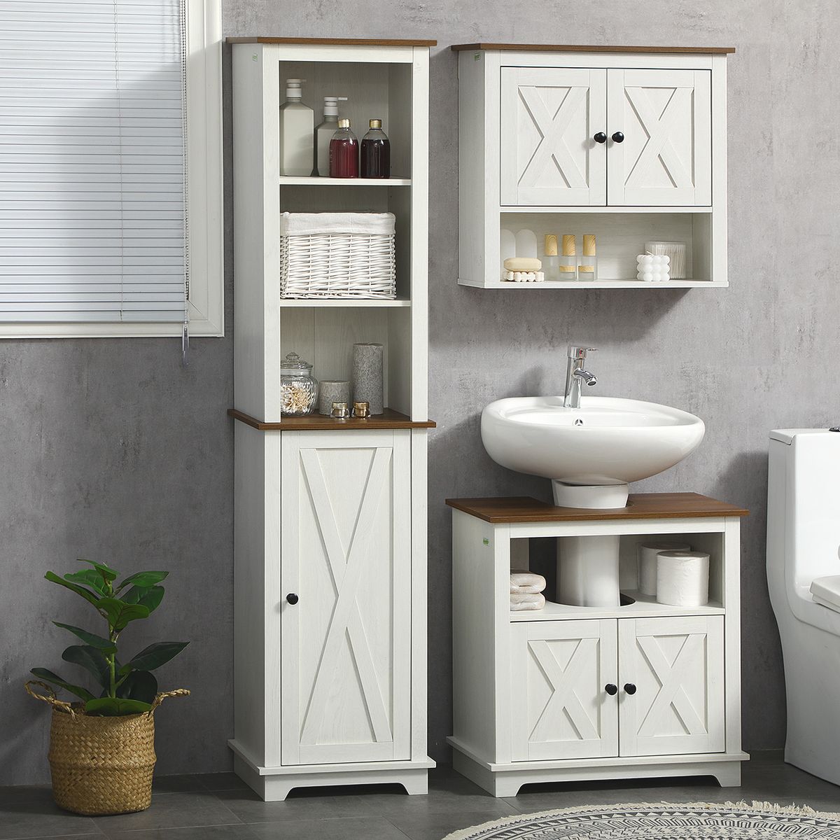 White bathroom storage set with tall cabinet and wall cabinet and vanity