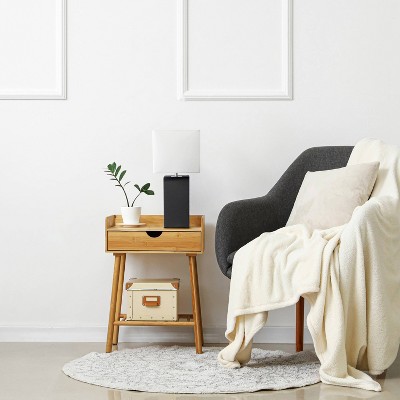 Modern Black Leather Rectangular Table Lamp with White Fabric Shade