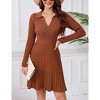 Womens Collar V Neck Long Sleeve Pleated Casual Knit Sweater Dress - 2 of 4