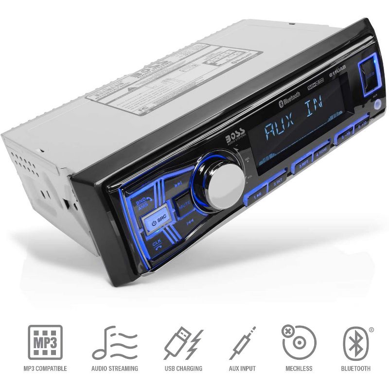 Boss Audio Systems 611UAB Single Din USB/SD AUX Bluetooth Multimedia Radio Car Stereo Receiver with USB, AUX Input, and AM/FM Radio Receiver, 1 of 7