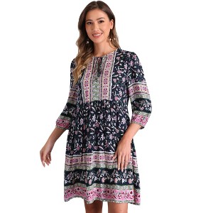INSPIRE CHIC Women's Boho Floral Summer Tie Neck Loose Babydoll Swing Dress - 1 of 4