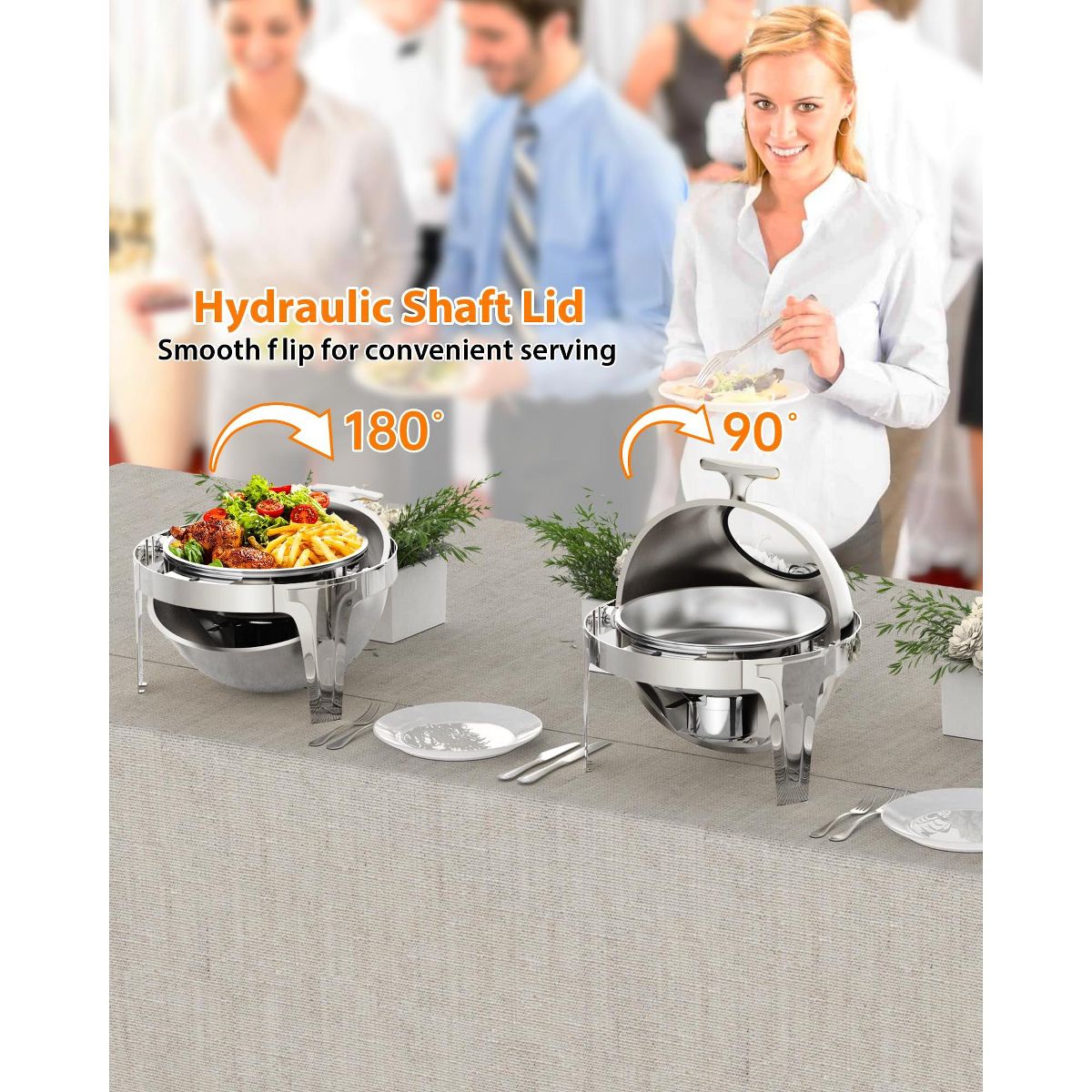 Roll Top Chafing Dish Set - Full Size Stainless Steel Buffet Warmer with Glass Window for Weddings & Events, Silver - thumbnail 6