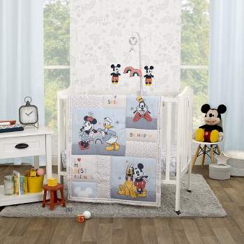 Disney Mickey and Friends Blue, Oatmeal, and Red 3 Piece Nursery Mini Crib Bedding Set - Comforter and Two Fitted Mini Crib Sheets