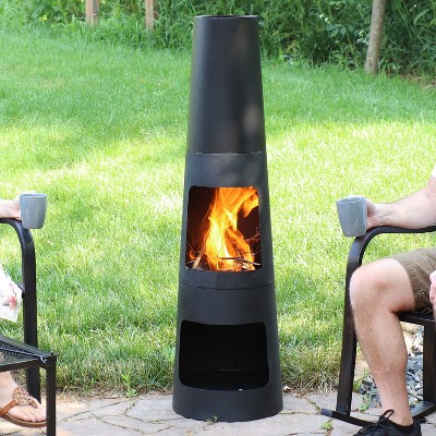 49-Inch Black Steel Wood-Burning Chiminea with Log Storage