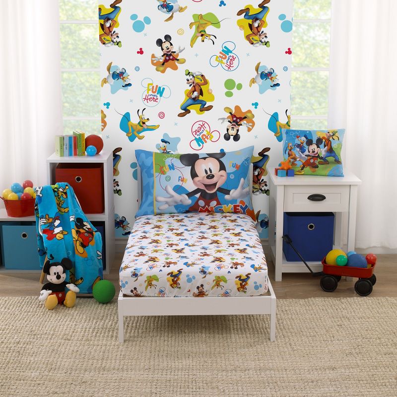 Disney Mickey Mouse Fun Starts Here 2 Piece Toddler Sheet Set - Fitted Bottom Sheet, and Reversible Pillowcase, 1 of 7