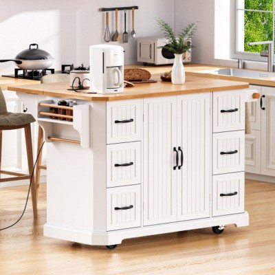 Kitchen Island Cart with Power Outlet, 6 Deep Drawers & 4 Door Shelves, Rolling Storage Cabinet for Kitchen or Dining Room–Maison Boucle