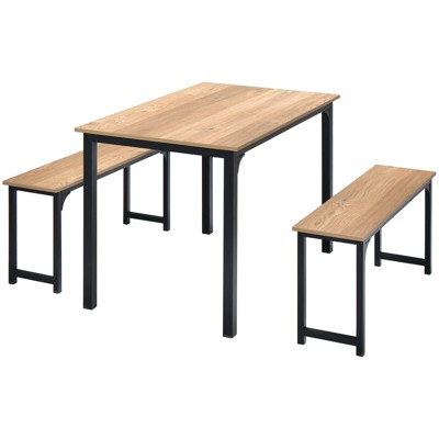 Tangkula 3pcs Dining Table Set for 4 Modern Industrial Counter Height Kitchen Table Set with 2 Benches for Dining Room Natural/Brown