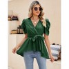 Puff Short Sleeve Ruffle Shirt for Women Deep V Neck Peplum Tops Waist Tie Chiffon Blouses Dressy Casual Waist Wrap Tops - 2 of 4