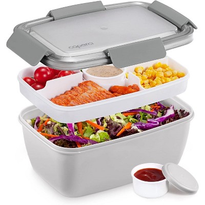 Large Salad Container Bowl for Lunch, 68 oz 5-Compartment Bento Box with Sauce Cups
