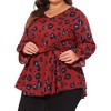 Agnes Orinda Women's Plus Size Graphic-Print Belted Long Sleeve V-Neck Peplum Blouse - 2 of 4