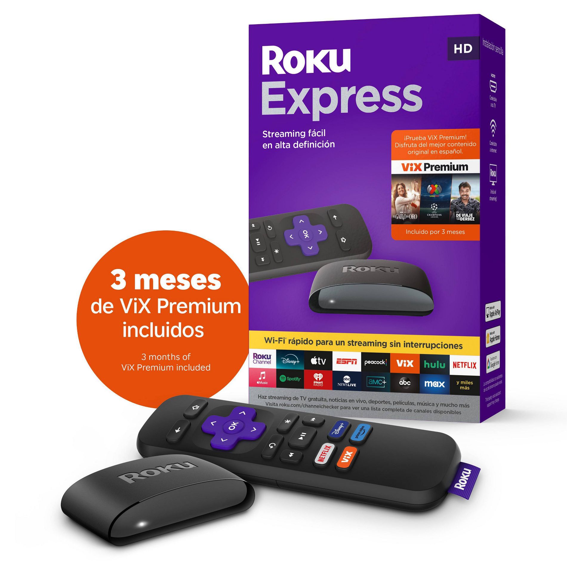 Roku Express (Spanish Edition) HD Streaming Device with VIX Premium: Wi-Fi & Voice Assistant