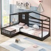 Twin Size L-Shaped Wood House Bed for 2 Kids, L shaped Corner Daybed with Fence and Slatted Frame for Bedroom - 2 of 4