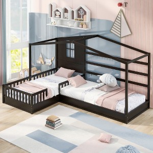 2 Twin Size L Structure Wood House Bed with Fence and Slatted Frame, White/Gray/Espresso, 4W -ModernLuxe - 1 of 4