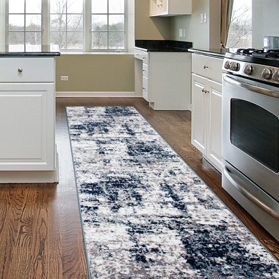Blue Distressed Abstract Polypropylene Runner Rug