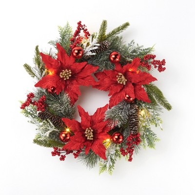 Lakeside Lighted Faux Poinsettia Christmas Wreath - Light Up Winter Accent