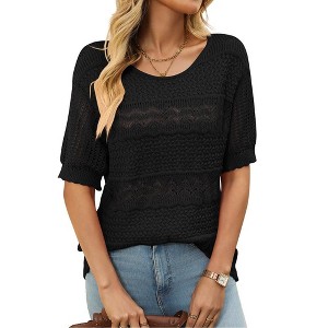 Coolmee Womens Summer Tops Casual Crewneck Half Sleeve Crochet Hollow Out Knit Pullover Sweater Shirts - 1 of 4