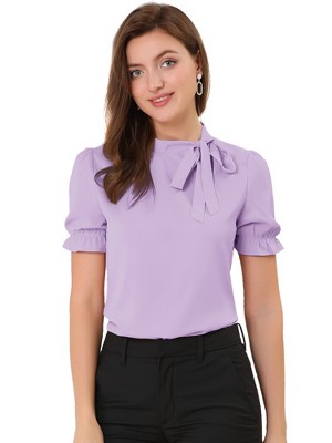INSPIRE CHIC Women's Bow Tie Neck Solid Color Elastic Cuffs Elegant Office Short Sleeve Blouse
