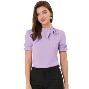 INSPIRE CHIC Women's Bow Tie Neck Solid Color Elastic Cuffs Elegant Office Short Sleeve Blouse - 1 of 4