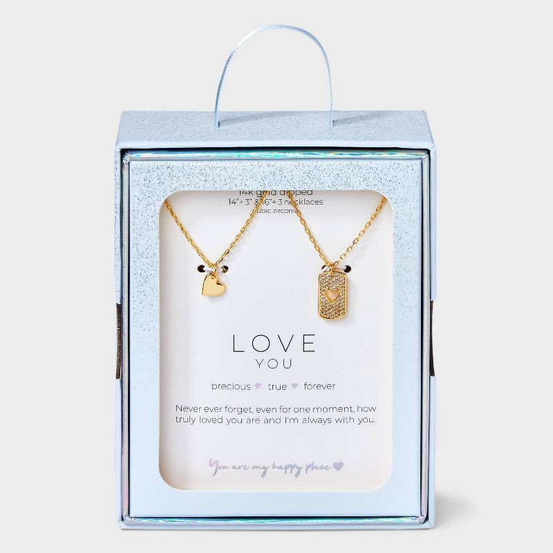 14K Gold Dipped Open Heart Cubic Zirconia and Heart Pendant Necklace Set 2pc - Gold, 1 of 4