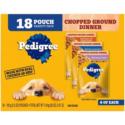 Pedigree Chopped Ground Dinner Chicken, Cheese, Beef and Bacon Flavor Pouch Variety Pack Wet Dog Food - 3.5oz/18ct