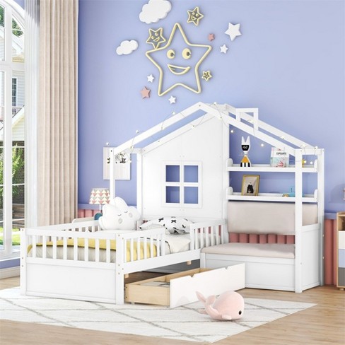 Twin Size House Bed With Sofa Kids House Floor Bed Frame With 2 Drawers And Storage Shelf Wooden Twin Platform Bed Frame White Target