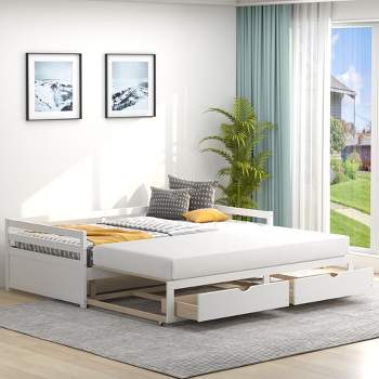 Costway Twin to King Daybed with  2 Drawers Wooden Sofa Bed for Bedroom Living Room White/Cherry