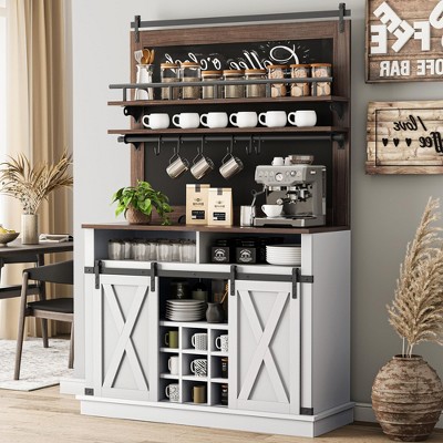 Coffee Bar Cabinet, Farmhouse Buffet Cabinet with Storage, 75" Tall Bar Cabinet Kitchen Buffet Sideboard w/Sliding Barn Door,Coffee Hutch Cabinet