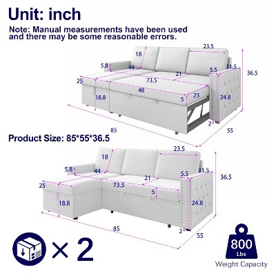85 Inches Sofa Bed, 3 Seater Sleeper Sofa with Storage Chaise, Square Handrail with Pull and Copper Nail